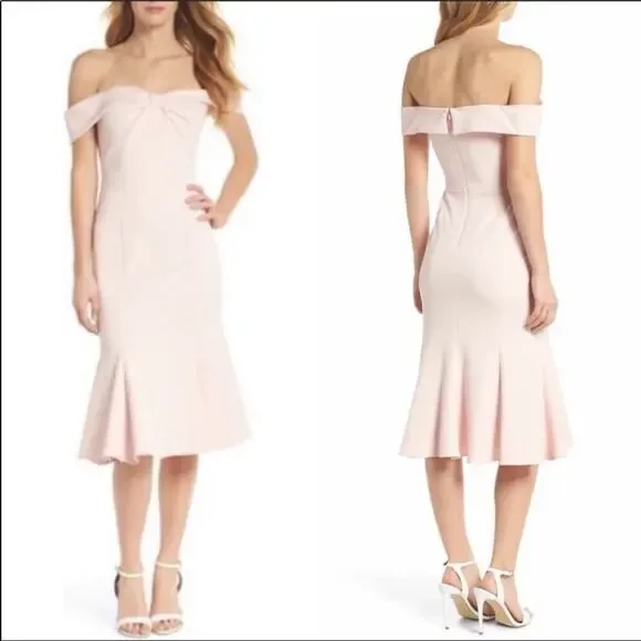 Gal Meets Glam  Women's Tyler Pink off the‎ Shoulder Bow Midi Dress Size 16 - Picture 5 of 6